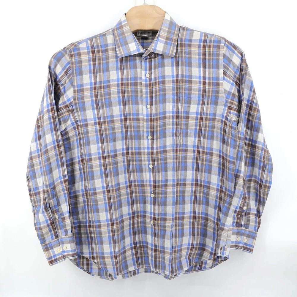 Bullock & Jones 100% Linen‎ Button Up Long Sleeve Shirt Blue Brown Plaid Mens XL